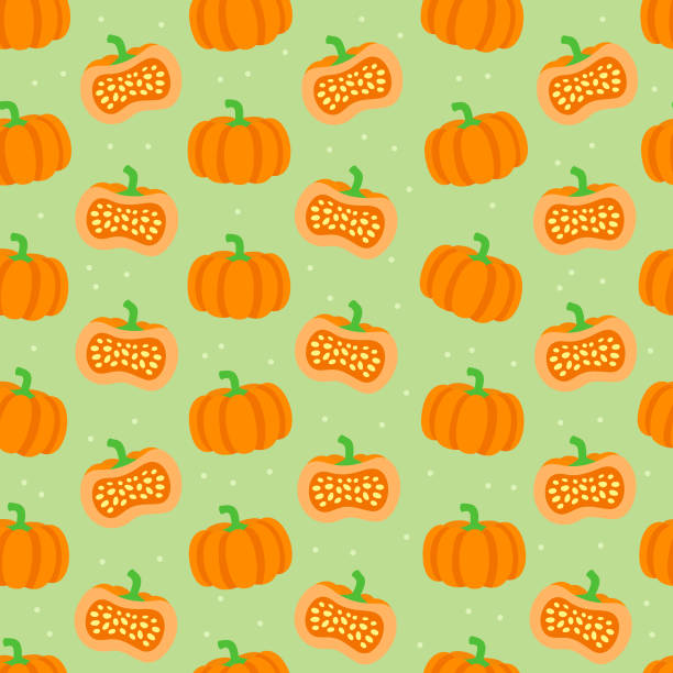 ilustrações de stock, clip art, desenhos animados e ícones de vector pumpkin seamless pattern. flat color pumpkin background. - pumpkin textured peel backgrounds