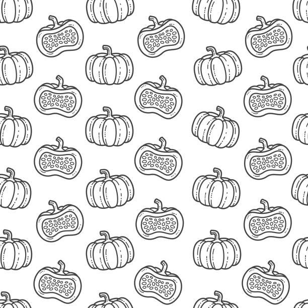 ilustrações de stock, clip art, desenhos animados e ícones de vector doodle of pumpkin seamless pattern. - pumpkin textured peel backgrounds