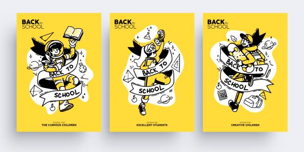 Set of Back to School greeting cards, posters or flyers. Cute happy children ready go back to school. Vector illustration Set of Back to School greeting cards, posters or flyers. Cute happy children ready go back to school. Vector illustration 1814 stock illustrations
