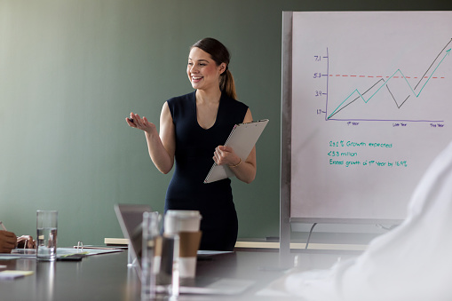 Cheerful young businesswoman gestures while discussing improved sales figures. She is standing in front of a growth and increase chart.