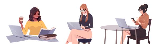 istock Set of Young Women at Work. Girls Using Laptops Working And Drinking Coffee. Girl Browsing Internet, Chatting, Blogging. Online education concept 1170330073