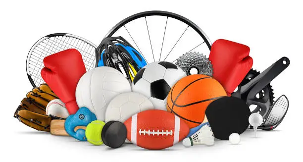 Photo of huge collection stack of sport balls gear equipment from various sports isolated white background