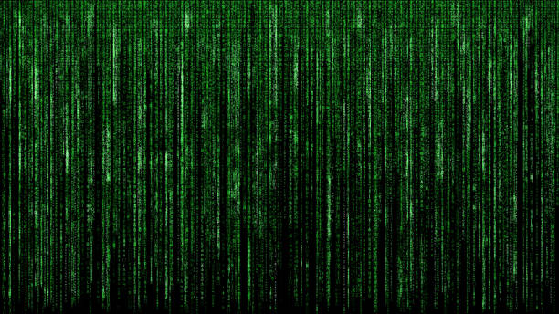 green binary matrix code abstract computer hacker digital network black background stock photo