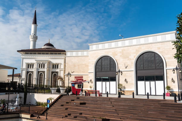 Exterior view of a mosque at the Land of Legends theme park in Belek, Turkey. Belek, Antalya, Turkey - February 11, 2019. Exterior view of a mosque at the Land of Legends theme park in Belek, Turkey. belek town stock pictures, royalty-free photos & images