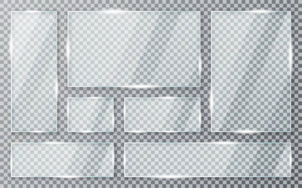 illustrazioni stock, clip art, cartoni animati e icone di tendenza di piastre di vetro impostate su sfondo trasparente. texture acrilica e vetro con riflessi e luce. realistica finestra di vetro trasparente nella cornice rettangolare - glass