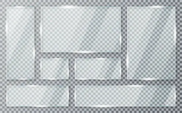 Vector illustration of Glass plates set on transparent background. Acrylic and glass texture with glares and light. Realistic transparent glass window in rectangle frame
