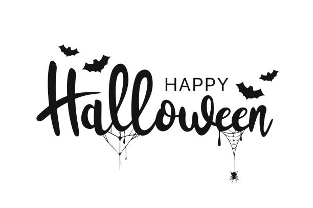 selamat berbunyi halloween. kaligrafi tulisan tangan dengan jaring laba-laba dan kelelawar untuk kartu ucapan, poster, spanduk, selebaran, dan undangan. selamat halloween teks, latar belakang liburan - halloween ilustrasi stok