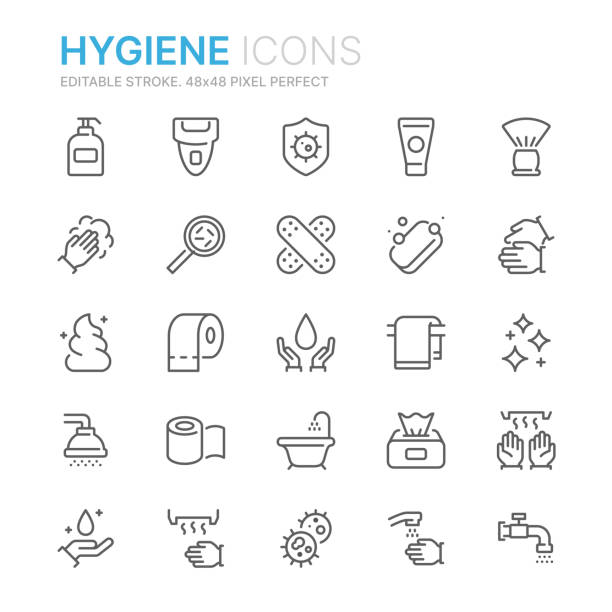 ilustraciones, imágenes clip art, dibujos animados e iconos de stock de colección de iconos de líneas relacionadas con la higiene. 48x48 pixel perfecto. trazo editable - hygiene