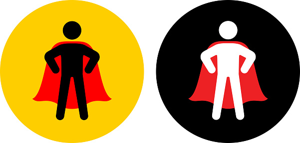 Confident Superhero with Cape Standing Icon. This 100% royalty free vector illustration is featuring a round button in yellow with the main icon depicted in black. There is an alternative black and white version on the right.