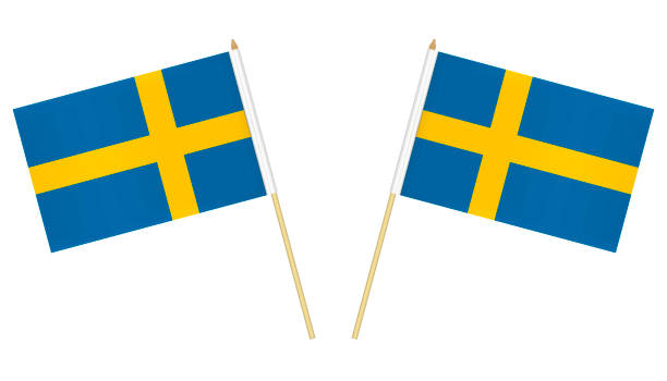 istock Two small mini Swedish flags isolated on white background, vector illustration. Flag of Sweden on pole 1170341366