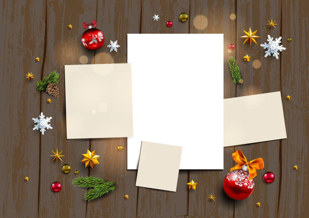 Seasonal festive mock up Holiday mock up with festive card and decorations balls, stars, snowflakes on wood background. Christmas festive template flat lay. christmas card mockup stock illustrations
