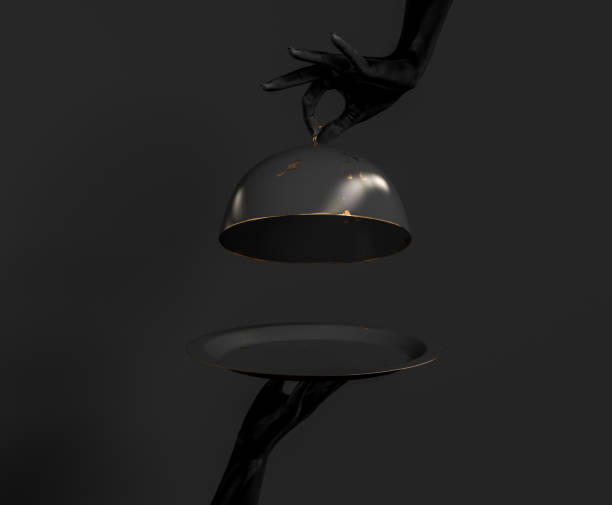 black dish mit deckel halten hände isoliert auf schwarz, geöffnet luxus-restaurant cloche, starten zeit promo banner konzept.  3d-rendering - tablett oder küchenblech stock-fotos und bilder