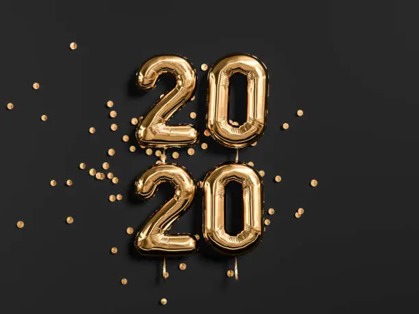 Photo of New year 2020 celebration. Gold foil balloons numeral 2019 and on black wall background. 3D rendering
