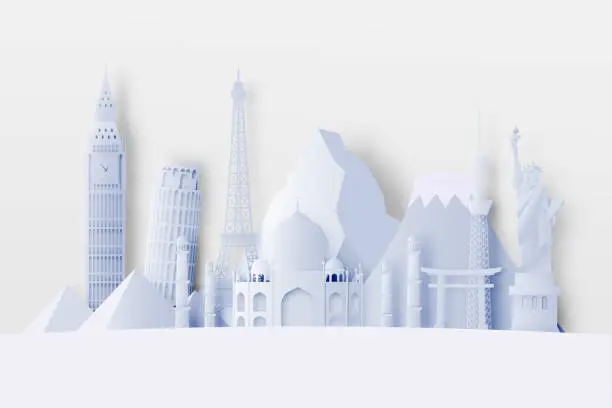 Vector illustration of Various travel attractions in paper art style