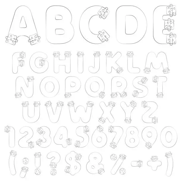 Vector illustration of Alphabet, letters, numbers and symbols from vials, tubes with corks. Set of isolated black and white objects.