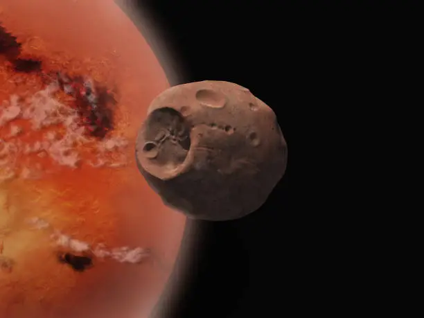 3d illustration of the moon Phobos and the planet Mars
