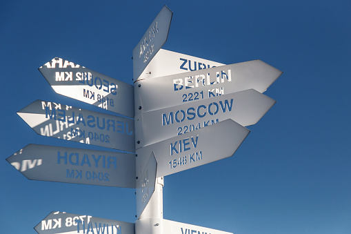 Sign indicating directions and distances to different cities of the world. The direction of the cities on the background of blue sky. Observation deck at the top of Tahtali mountain. Kemer, Turkey