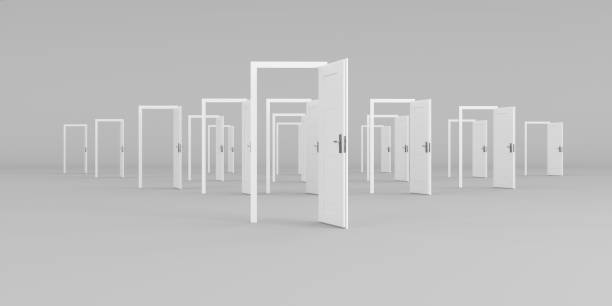 istock Group of open doors, opportunities concept. White open doors on light background. 3d render. 1170348659