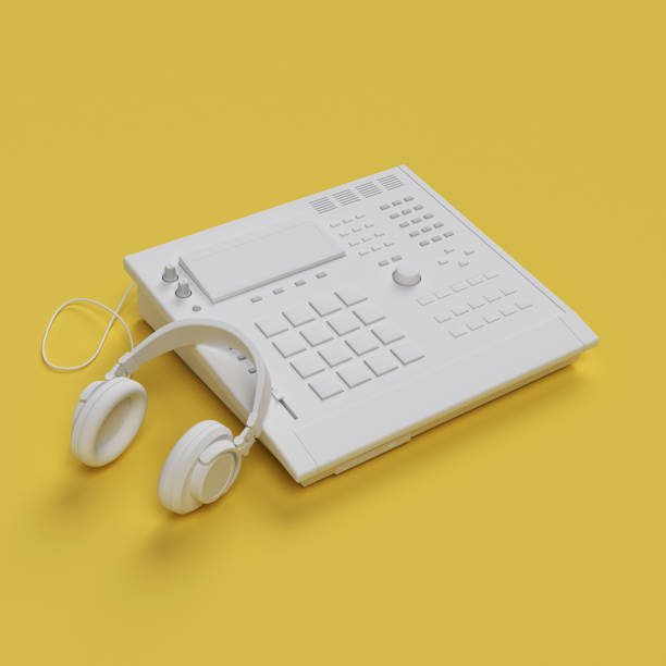 istock Drum machine with headphones on yellow background, 3d illustration 1170349647