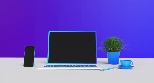 istock Modern laptop on desk with blue wall. Home workspace. 3d render. 1170350505