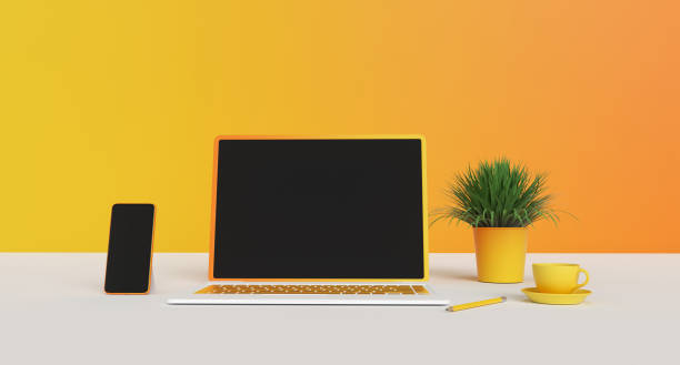 istock Modern laptop on desk with yellow wall. Home workspace. 3d render. 1170350506