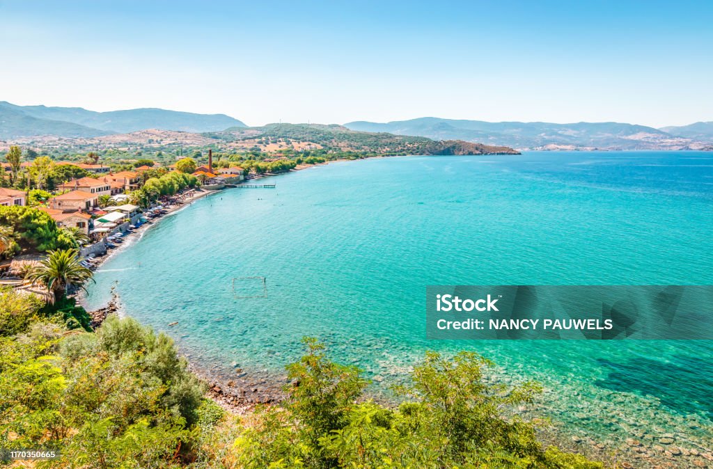 Küste von Mithymna (Molyvos), Insel Lesbos (Lesvos), Griechenland. - Lizenzfrei Lesbos Stock-Foto