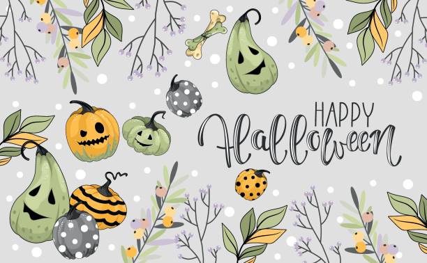 Happy Halloween greeting card with monsters and pumpkins. Handwriting calligraphy. Vector.Happy Halloween greeting card with monsters and pumpkins. Handwriting calligraphy. Vector. Happy Halloween greeting card with monsters and pumpkins. Handwriting calligraphy. Vector. handwriting font not script stock illustrations