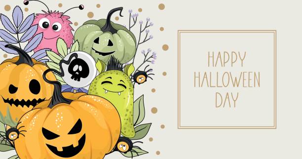 Happy Halloween greeting card with monsters and pumpkins. Handwriting calligraphy. Vector.Happy Halloween greeting card with monsters and pumpkins. Handwriting calligraphy. Vector. Happy Halloween greeting card with monsters and pumpkins. Handwriting calligraphy. Vector. handwriting font not script stock illustrations