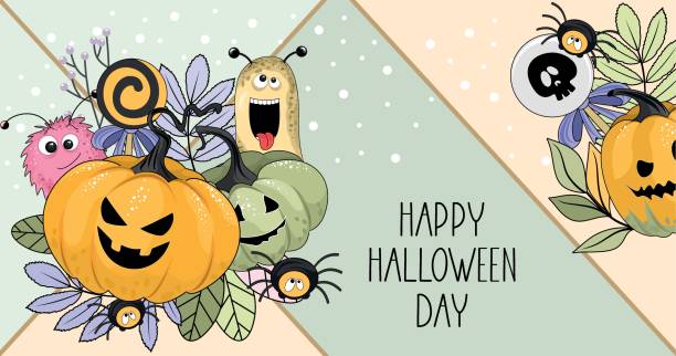 Happy Halloween greeting card with monsters and pumpkins. Handwriting calligraphy. Vector.Happy Halloween greeting card with monsters and pumpkins. Handwriting calligraphy. Vector. Happy Halloween greeting card with monsters and pumpkins. Handwriting calligraphy. Vector. handwriting font not script stock illustrations