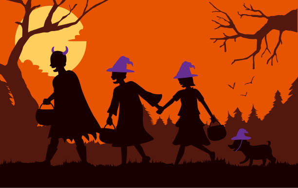 Children group and dog wearing fancy clothes and hat as witch and devil carrying a pot at Halloween night. Children group and dog wearing fancy clothes and hat as witch and devil carrying a pot walking pass a forest for solicit gifts at Halloween night. girl silouette forest illustration stock illustrations
