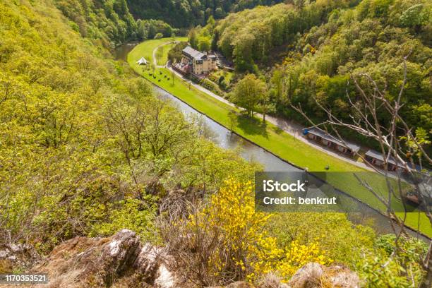 Sauer River In Bourscheid Stock Photo - Download Image Now - Aerial View, Architecture, Day