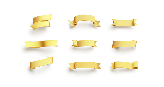 Blank gold banderole mock up set, isolated, 3d rendering. Empty vintage ornament mockup, different types. Clear yellow heading for fest or christmas celebration template.