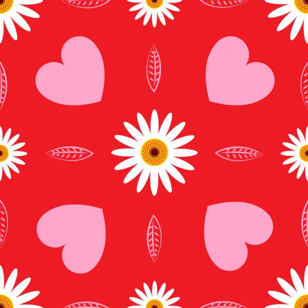 Vector illustration of Red seamless pattern with hearts and daisies.
