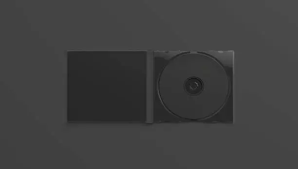 Blank black cd case mockup opened, top view, isolated, 3d rendering. Empty blu-ray disc mock up. Clear movie or music multimedia packing. Digital software cover template.