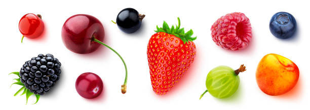istock Assortment of different berries isolated on white background, flat lay, top view 1170356742
