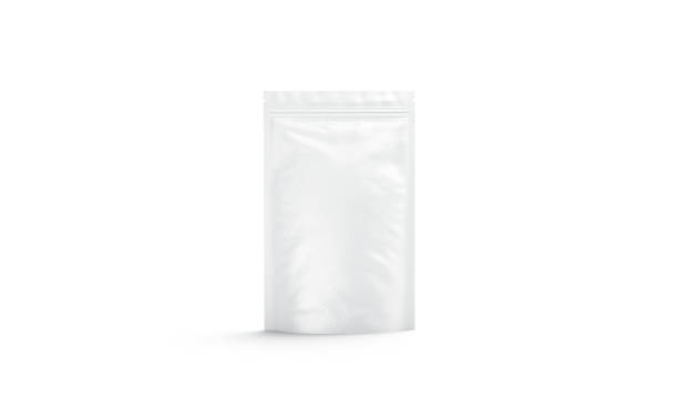 빈 흰색 지퍼 파우치 모형 스탠드 격리 - packaging bag blank plastic 뉴스 사진 이미지