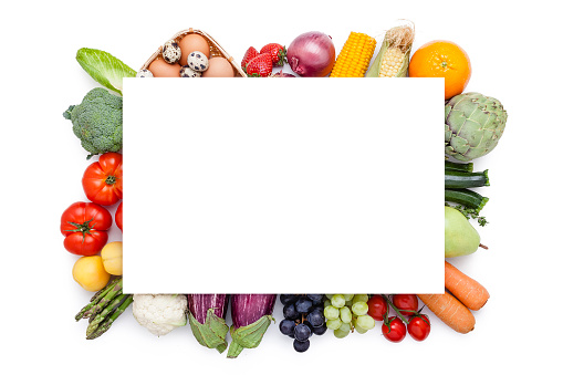 Top view of a multi colored group of healthy fresh organic fruits and vegetables isolated on white background. A blank card with useful copy space for text and/or logo is at the center of the frame on the vegetables group. Some of the vegetables included in the composition are oranges, strawberries, grape, pears, peach, tomatoes, bell peppers, onion, cabbage, asparagus, bok choy, potatoes, eggplant, edible mushrooms, carrots, broccoli, corn, celery, cauliflower, kale and chili peppers. DSRL studio photo taken with Canon EOS 5D Mk II and Canon EF 70-200mm f/2.8L IS II USM