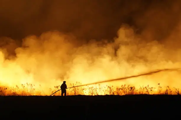 Photo of Silhouette of fireman fighting bushfire at night, man against the fire.