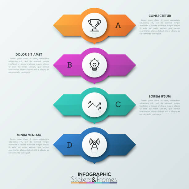 ilustrações de stock, clip art, desenhos animados e ícones de four circular elements placed one above other with two arrows pointing in opposite directions, letters and text boxes. 4 double-sided pointers concept. infographic design layout. - letter a internet infographic arrow sign