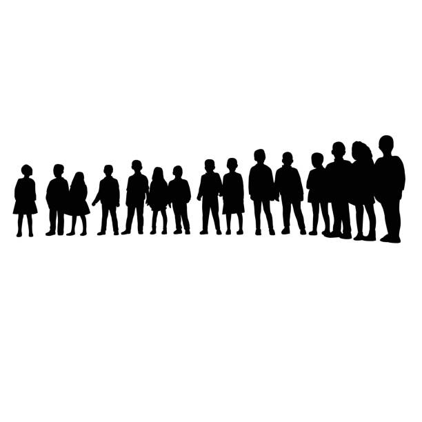 all children together, silhouette vector all children together, silhouette vector line of people holding hands stock illustrations