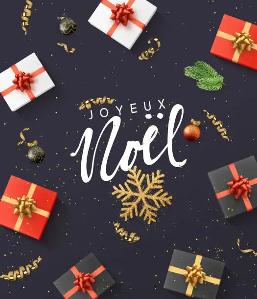 Vector illustration of French text Joyeux Noel. Christmas composition. gift, confetti, golden snowflake and balls, Xmas tree branch.