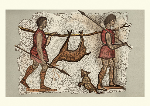 Vintage engraving of a ancient roman mosaic, depicting hunters returning with a deer