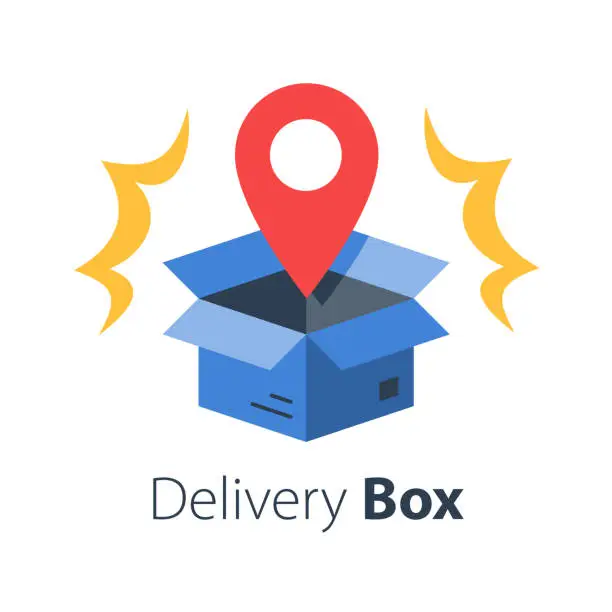 Vector illustration of Shop order delivery, open box and location pin, receive postal parcel, pick up point