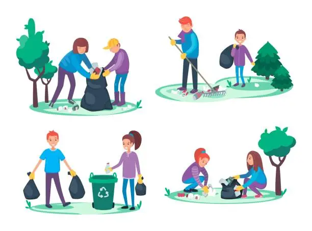 Vector illustration of Boys and girls take away litter and garbage. Environmental cleanup concept. Group of People making a forest or park clean or tidy. Ecological vector illustration cartoon flat style.