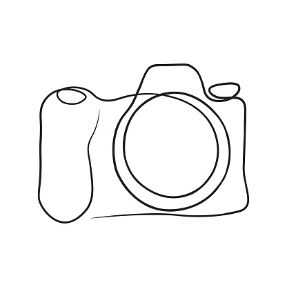 Photo camera in continuous line art drawing style. Minimalistic black line sketch on white background. Vector illustration