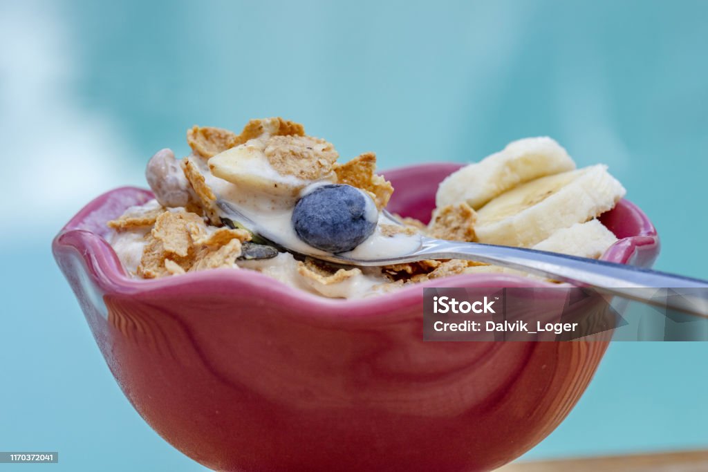Banana Split by the pool Delicious taste by the pool Fromage Blanc Stock Photo