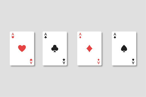 Set of four aces playing cards suits with realistic shadows on transparent background. Winning poker hand. Isolated path. EPS 10