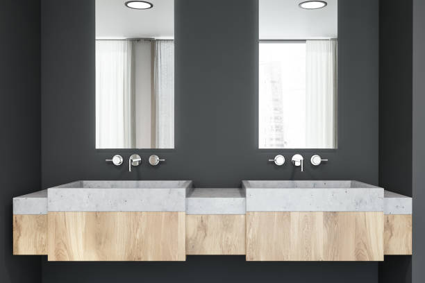 istock Stone double sink in gray bathroom 1170384232