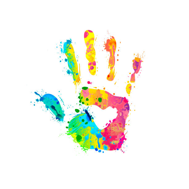 Hand sign of splash paint Hand palm sign of vector rainbow splash paint handprint stock illustrations