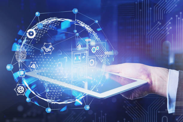 istock Hand of man with tablet, global internet interface 1170385212